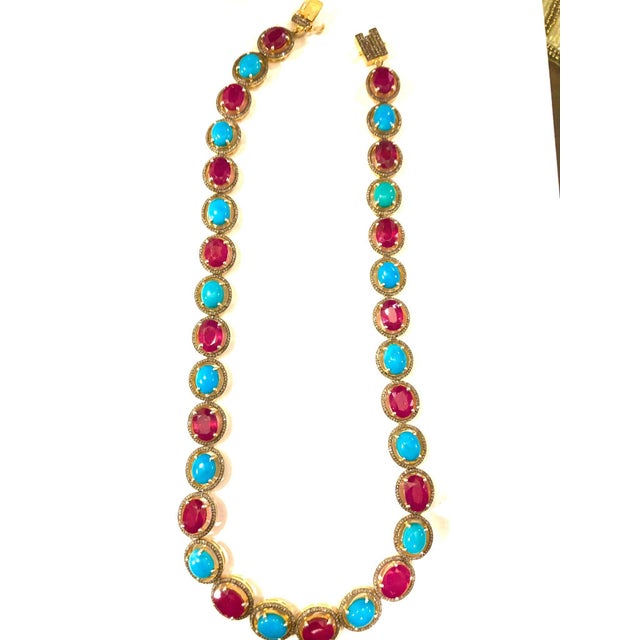 Bochic "Capri" Vintage Natural Ruby, Turquoise & Diamond Necklace & Earrings Set 18K Gold & Silver Elegant and Classic...