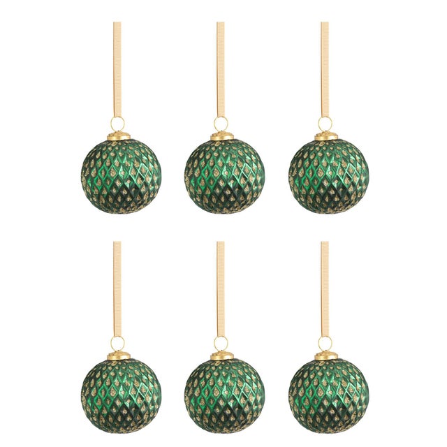 Modern Beehive Green with Gold Glitter Ball Ornaments, Set of 6, 4" For Sale - Image 3 of 3