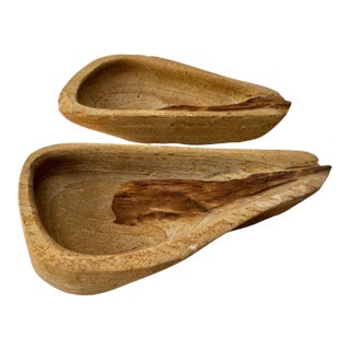 Hand Carved Stone Vessels Pair Sculptural Forms W Raised Mineral Vein For Sale