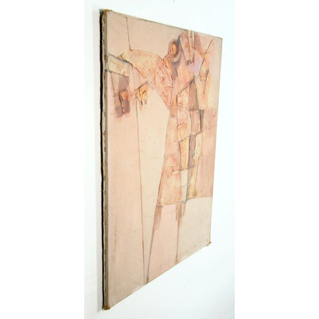 This 1960's abstract expressionist acrylic on canvas depicts a horse and rider with a dreamy, peach pink color palette....