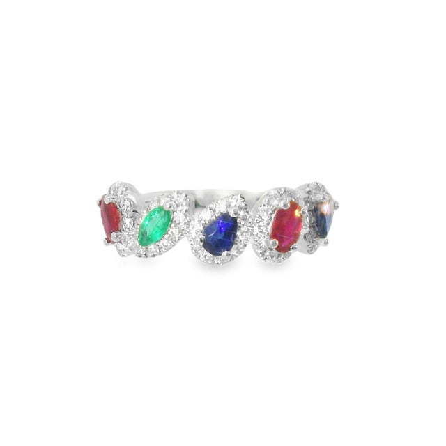 Mid-Century Modern Mid 20th Century 18k White Gold Ruby Sapphire Emerald Diamond Band Ring Estate, Size 6.75 For Sale - Image 3 of 4