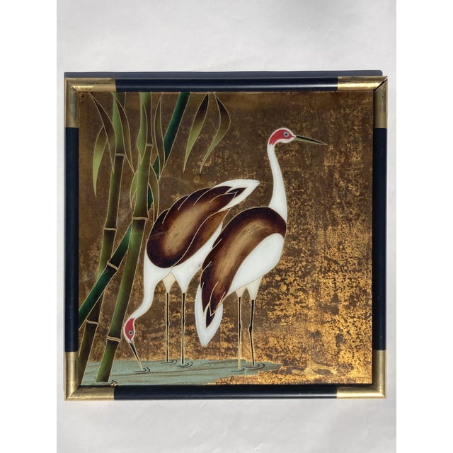 Chinese Reverse Glass Painting of Crane Birds or Egrets, 1960s For Sale - Image 4 of 6