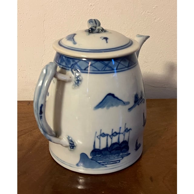 Antique 19th Century Chinese Export Blue & White Canton Porcelain Tea Pot For Sale - Image 9 of 12