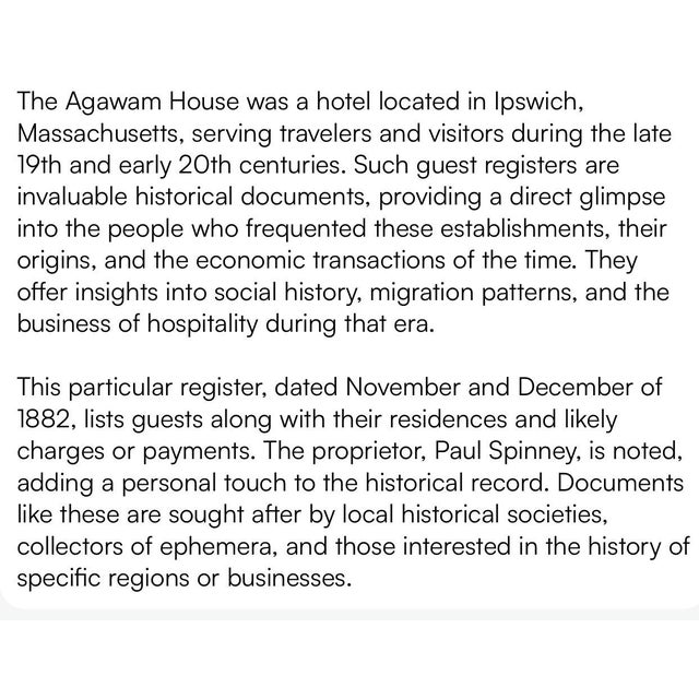 1882 Agawam House Hotel Register Page, Ipswich, Massachusetts For Sale - Image 6 of 6