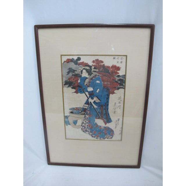 Wood Kikugawa Eizan Japanese Antique Framed Wood Block Print Bijin With Shamisen For Sale - Image 7 of 7
