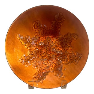 Vintage Mid-Century Orange Sunburst Enamel on Copper Plate, Signed For Sale