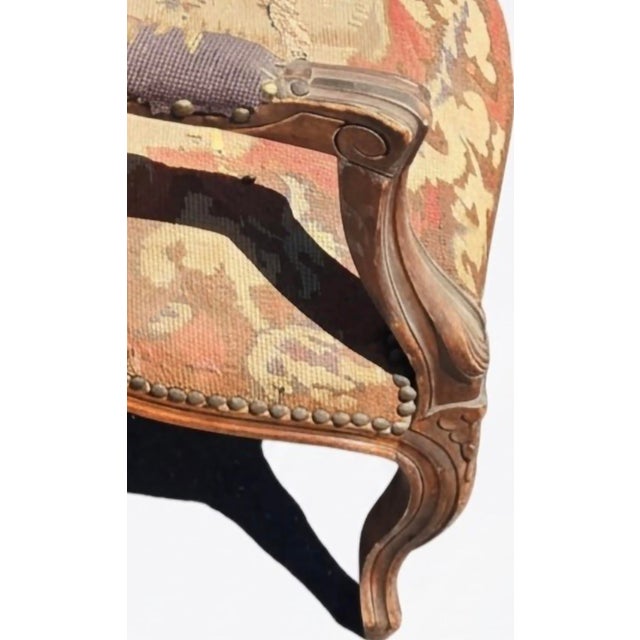 French Late 19th Century French Louis XV Style Carved Walnut & Original Tapestry Needlepoint Upholstered Armchair (Fauteuil) For Sale - Image 3 of 5