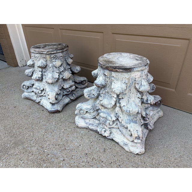 Late 20th Century Late 20th Century Pair of Weathered Cast Concrete Corinthian Capital Garden Stands For Sale - Image 5 of 14