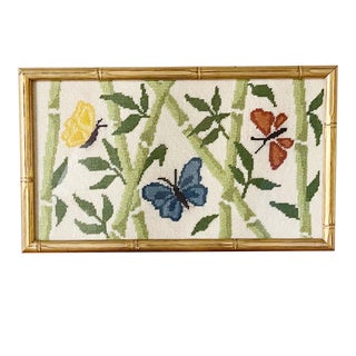 1960’s “Trio of Butterflies” Framed Needlepoint With Bamboo Framed Art For Sale