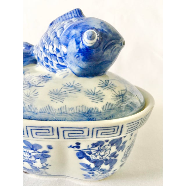 Vintage MidCentury Japanese Serving Dish With Koi Fish Lid in Blue and