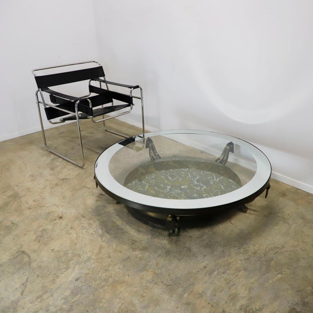 1950s 1950s Attributed to Arturo Pani Brass and Glass Circular Table with Vintaged Mirror Shelf For Sale - Image 5 of 18