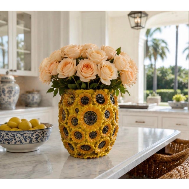 Vintage Majolica Sunflower-Adorned Ceramic Vase For Sale - Image 10 of 12