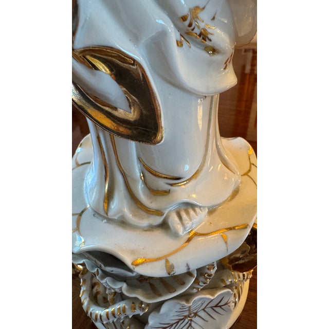 White Vintage Porcelain Guanyin Statues - Quan Yin Gold Gilt L 18" Pair C1915 Rare For Sale - Image 8 of 18
