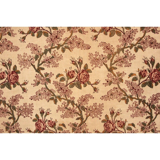 Vintage 1940s French Linen Cotton Roses Fabric Curtain W Trim