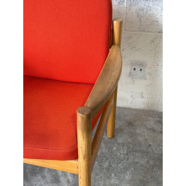 Vintage Danish Oak Lounge Chair by Skive Møbelfabrik Mid-Century Modern Red Upholstery For Sale In Los Angeles - Image 6 of 13