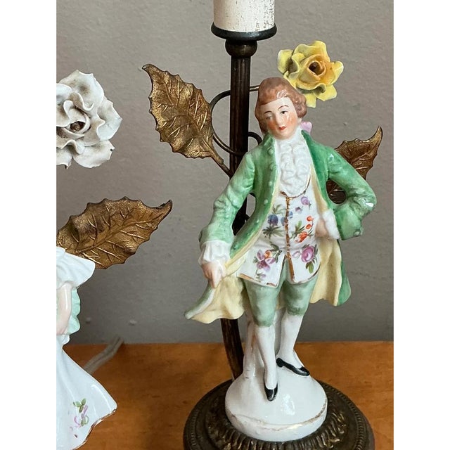 Mid 20th Century Vintage Lucite Base Porcelain Figurine Lamps - a Pair For Sale - Image 5 of 12