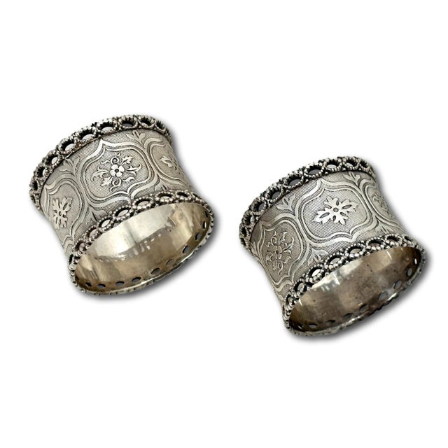 Outstanding Original Match Pair of Antique Hand Made American Coin Silver Napkin Rings - Circa 1860s For Sale - Image 4 of 12
