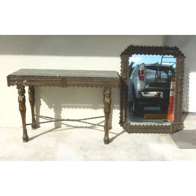 1920's French Wrought Iron Console and Mirror Style of Edgar Brandt With Black Marble Inset Top sold. Found in very good...