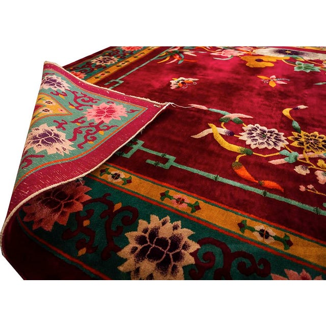 Red 1920s Room Size Wool Red Chinese Floral Modern Antique Knotted Art Deco Rug For Sale - Image 8 of 9
