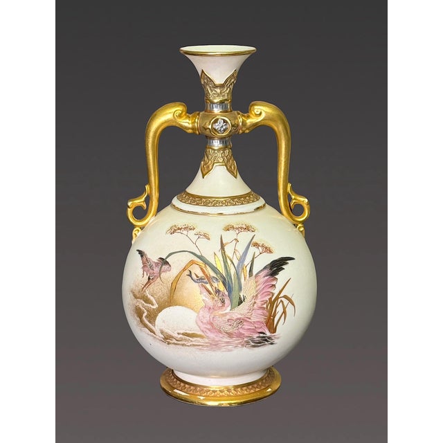 Antique Royal Worcester Porcelain Twin Dolphin Handle Gilded Vase With Pink Pelicans, 1884 #871 Aesthetic Movement For Sale - Image 10 of 12