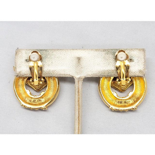 Vintage Signed Escada Goldtone Rhinestone Heart Doorknocker Clip Earrings - 2 Pieces For Sale - Image 10 of 10