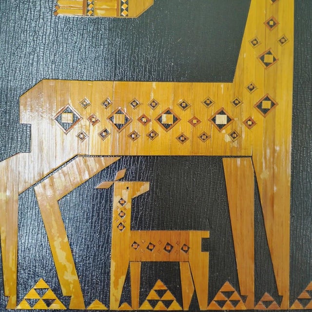 Abstract Vintage 1970s Handcrafted Straw Inlaid Marquetry Art Wooden Wall Plaque Folk Art For Sale - Image 3 of 7