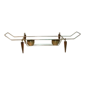 Mid Century Modern Teak & Gold Tone Metal Footed Large Rectangular Casserole Stand Warmer
