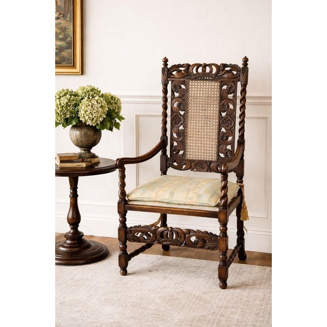 Inspired by 17th-century English Charles II seating, this late 19th-century revival chair features classic barley twist...