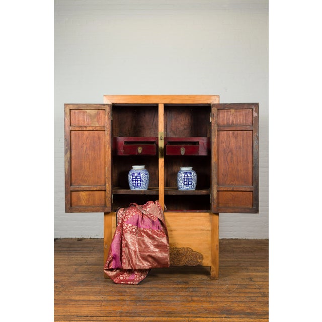 Chinese Vintage Elmwood Wedding Cabinet with Carved Apron and Hidden Drawers For Sale In New York - Image 6 of 13