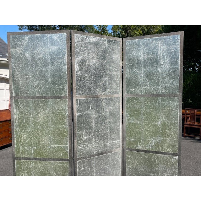 Metal Vintage Three-Panel Folding Faux Mirrored Room Divider Screen For Sale - Image 7 of 7