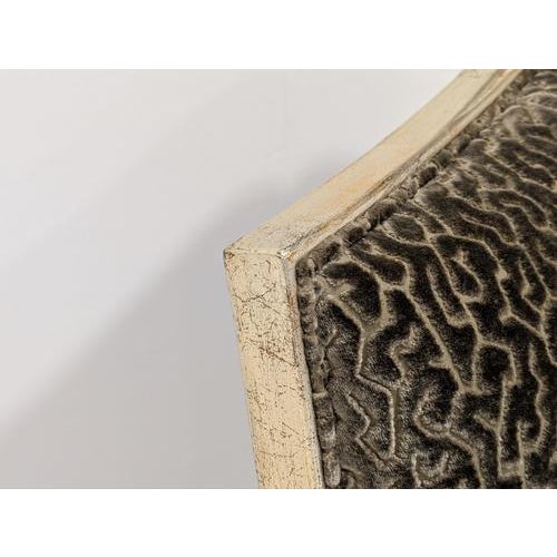 High backed love chair upholstered in patterned chenille fabric from le-lievre in paris and in italian silver finish....