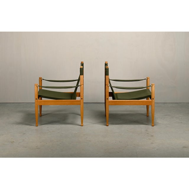 1970s Vintage Danish Safari Chairs in Oak and Forest Green Canvas Fabric by Erik Wørts, 1970s, Set of 2 For Sale - Image 5 of 18