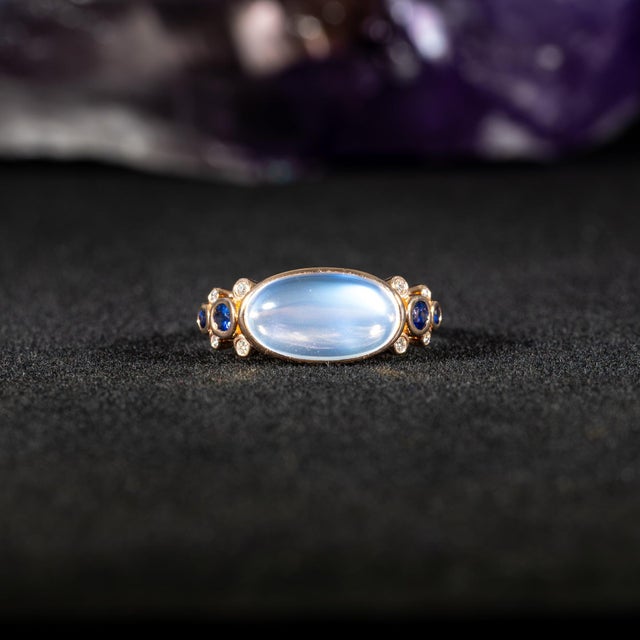 2020s Rainbow Moonstone Ring With Natural Diamond & Blue Sapphire Accents: 14k Gold, Size 6.75 For Sale - Image 5 of 9