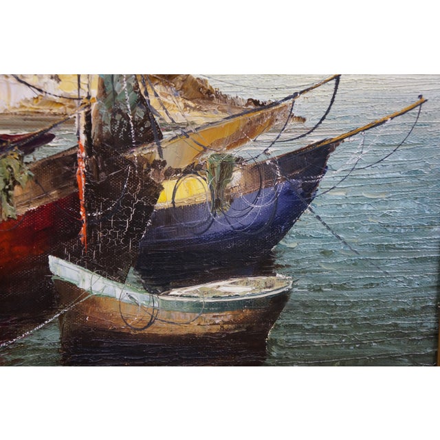 Late 20th Century Eleonore Guinther Nautical Maritime Fishing Boats Harbor Oil Painting 33" For Sale - Image 13 of 15