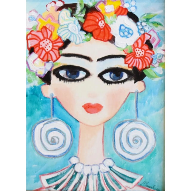 Contemporary modern one-of-a-kind portrait oil painting of a lady with a flower floral headdress crown on artist' canvas...