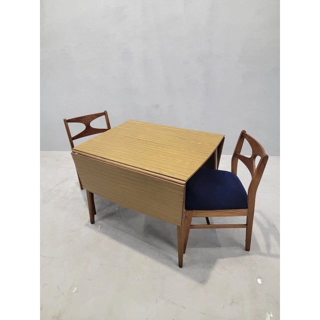 Tan Mid Century Modern Walnut Drop Leaf Table and 6 Chairs Newly Reupholstered For Sale - Image 8 of 8