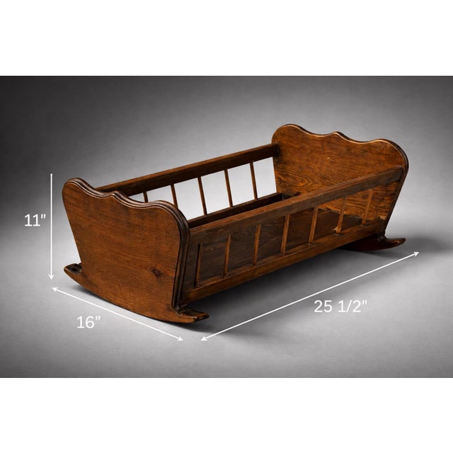 Mid-Century Modern Antique Wooden Doll Bed— Spindle-Side Rocking Bed in Old Chapel Walnut Finish, Decorative Nursery Display Piece For Sale - Image 3 of 8