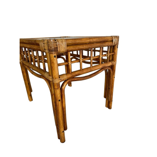 Mid 20th Century Mid 20th Century Pair of Vintage Rattan and Bentwood Glass Top Side Tables - in the Style of Franco Albini For Sale - Image 5 of 11