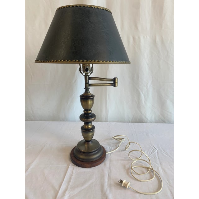 Vintage Bronzed Brass Swing Arm Table Lamp With Leather Shade Chairish