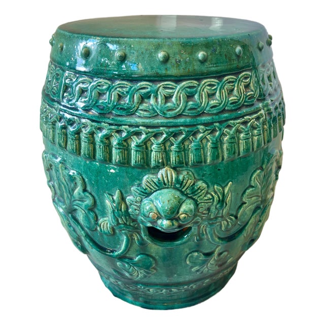 Antique Asian Emerald Green Glazed Terracotta Garden Stool For Sale