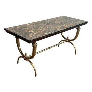 1940s Raymond Subes Neoclassical Style Brass and Marble Coffee Table For Sale