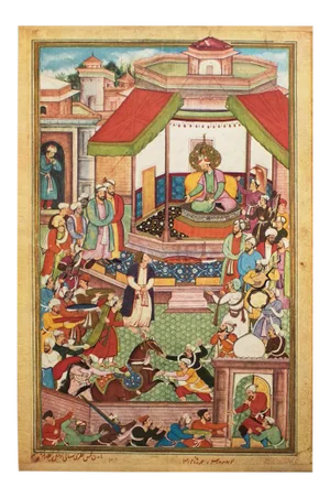 Pre-1600 "Audience of the Emperor Humayun" by Dharmadas, 1950 Gold-Leaf Offset Lithograph