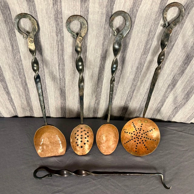 Beautiful set of 5 Copper Kitchen Utensils with Twisted Iron Handles. Hand forged they have a Blacksmith maker's stamp on...