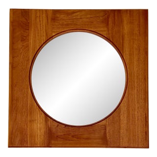 Danish Modern Teak Round Wall Mirror by Hadsten Træindustri — Scandinavian McM, 1970s For Sale
