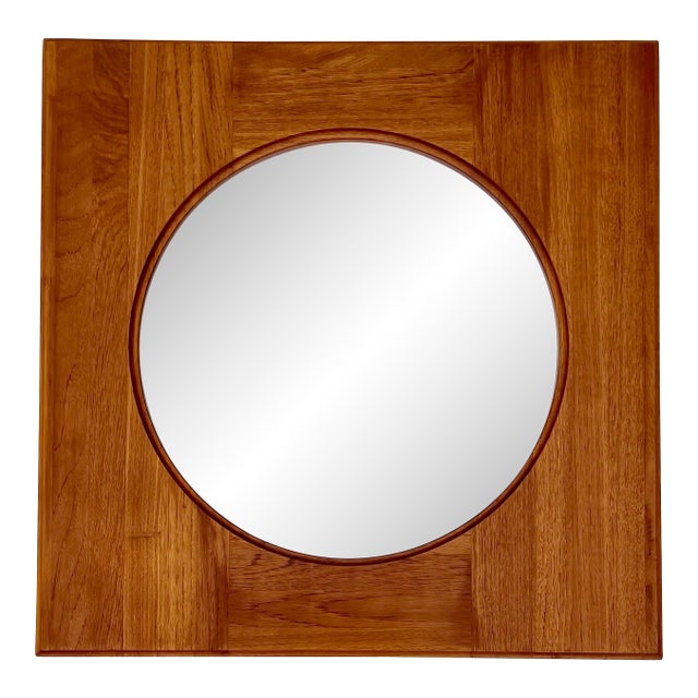 Danish Modern Teak Round Wall Mirror by Hadsten Træindustri — Scandinavian McM, 1970s For Sale