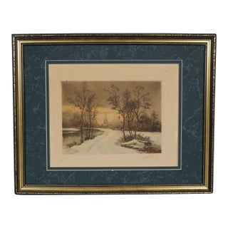 Antique Winter Snow Covered Country Path to the Village Church 15" For Sale