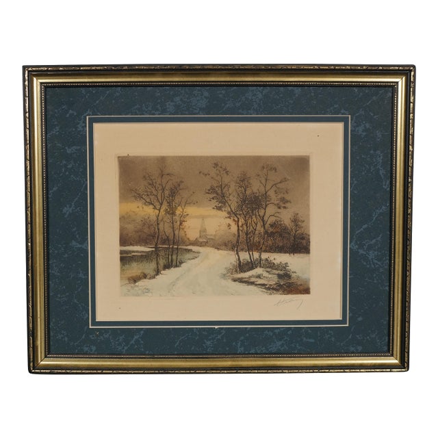 Antique Winter Snow Covered Country Path to the Village Church 15" For Sale
