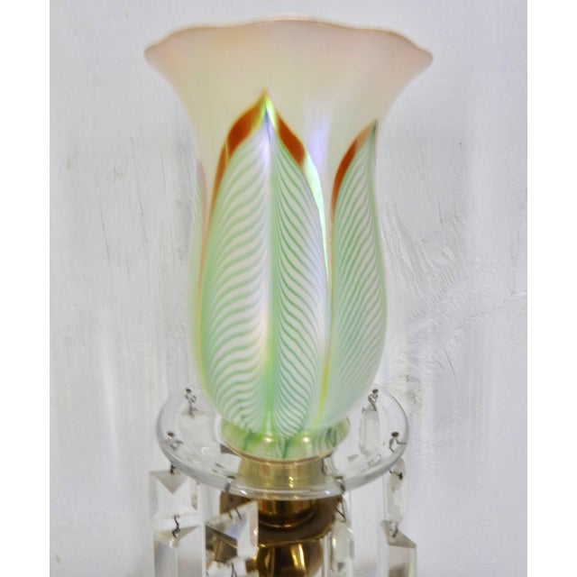 Steuben Pulled Feather Shades on Antique Brass Lamp With Prisms - a Pair For Sale In Nashville - Image 6 of 9