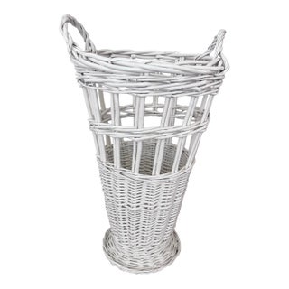 1980s Woven White Wicker 20.5” Basket For Sale