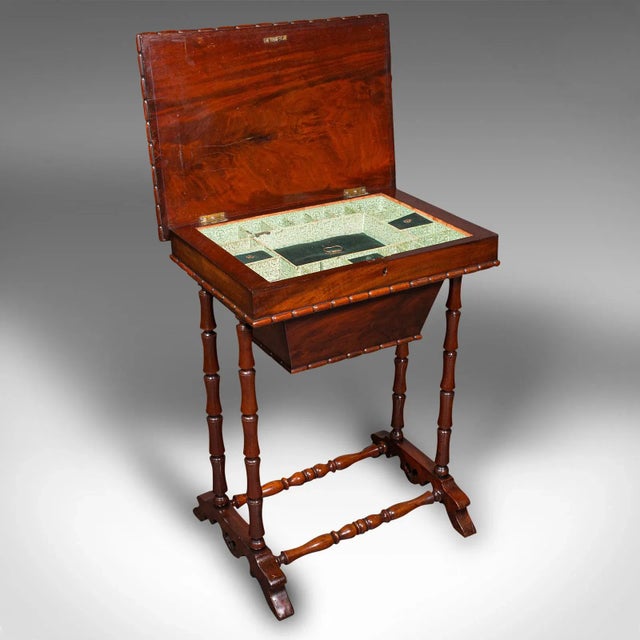 This is an antique sewing table. An English, flame mahogany ladies work table, dating to the late Regency period, circa...